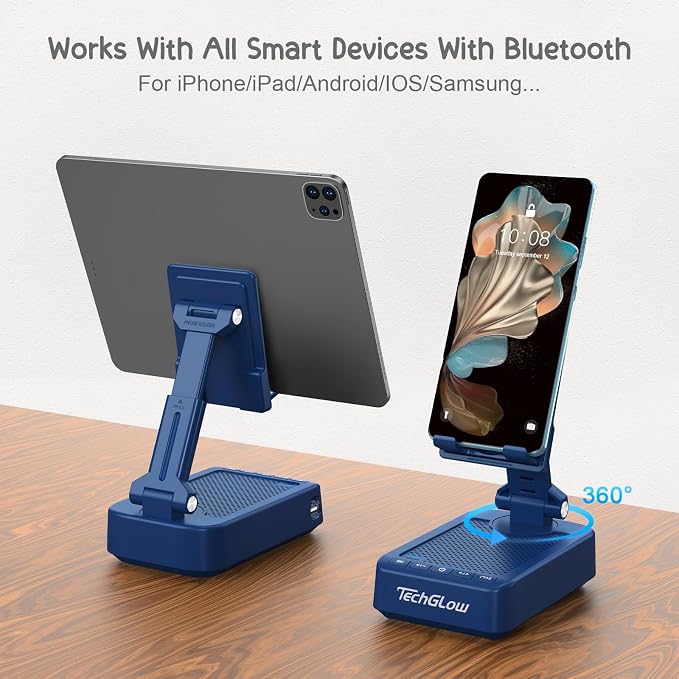 TechGlow Gifts for Men Women Foldable Cellphone Stand with Bluetooth Speaker and Charging Function 360° Rotatable Phone Stand Birthday Gift Idea for Mom Dad Cool Tech Gifts-Blue - Image 5