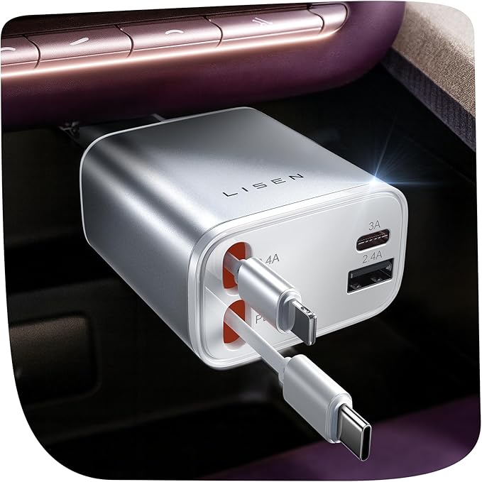 LISEN Retractable Car Charger for iPhone, for iPhone 17 Pro Max 16 15 14 13 12 Plus Mini, Cute 4 in 1 Retractable USB C Car Charger Fast Chareg for Women Men, 84W Fast Charging Car Accessorie | Multiple Ports Car Charger, Retractable Car Charger Fast C... by Lisen