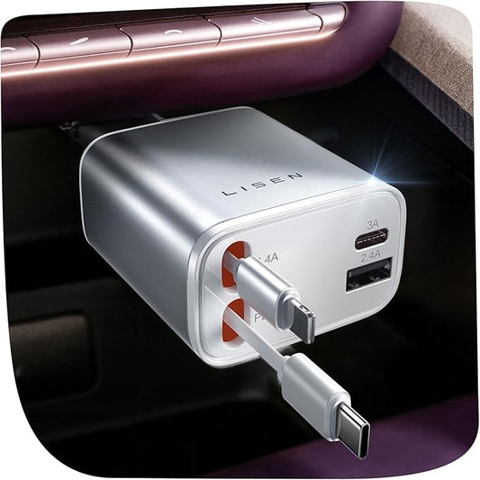LISEN Retractable Car Charger for iPhone, for iPhone 17 Pro Max 16 15 14 13 12 Plus Mini, Cute 4 in 1 Retractable USB C Car Charger Fast Chareg for Women Men, 84W Fast Charging Car Accessorie | Multiple Ports Car Charger, Retractable Car Charger Fast C... by Lisen