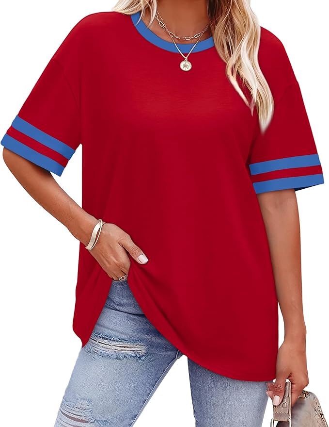WIHOLL Womens T Shirts Loose Fit Short Sleeve Tees Crew Neck Color Block Summer Tops 2026 Fashion by WIHOLL