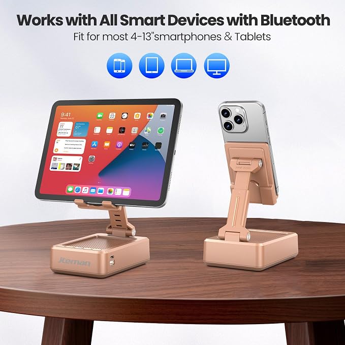 JTEMAN Cell Phone Stand with Bluetooth Speaker and Charging Function, HD Sound Adjustable Phone Holder, Birthday Gifts for Men Women, Cool Tech Kitchen Gadgets for All Phones,Tablet (Rose Gold) - Image 6