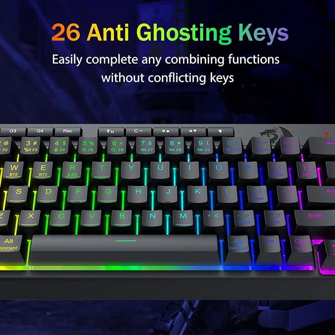 Redragon Wireless Gaming Keyboard, RGB Backlit, Portable 60% Design, Black | Bluetooth/2.4GHz/USB-C Wired, Mini Quiet Macro Membrane Keyboard, Rechargeable 4000mAh Battery, Anti-Ghosting for Win/MAC - Image 8