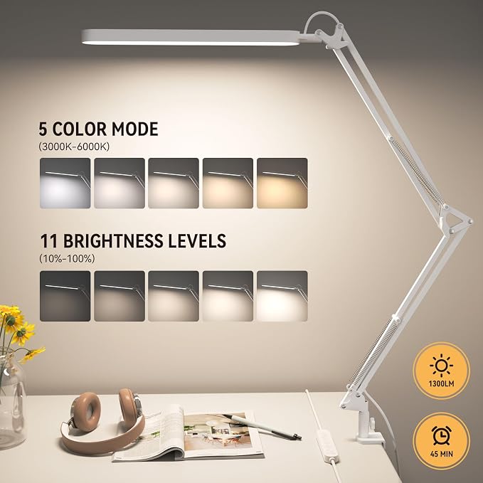 SKYLEO Led Desk Lamp - 31.5" Desk Light - 5 Color Modes X 11 Brightness Levels - Adjustable Swing Arm - Timmer & Memory Function - 12W Study Lamp - White - Image 2