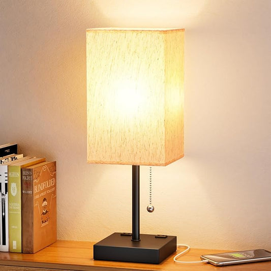 Bedside Lamp for Bedroom - 3 Color Temperatures, USB A+C, 2 AC Outlets | Pull Chain Switch, LED Bulb Included, Cream Fabric Shade, 17.4" Table Lamp for Nightstand, Desk, Living Room, Office by Aooshine