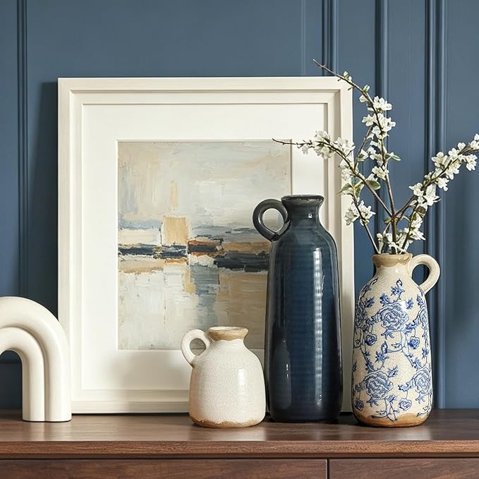 Ceramic Vase Set of 3 with Handle, Vintage Rustic Vases Home Decor Farmhouse Decorative Vase Pottery Decor Modern for Table Mantel Entryway Bookshelf Living Room Kitchen Bedroom - Blue - Image 6