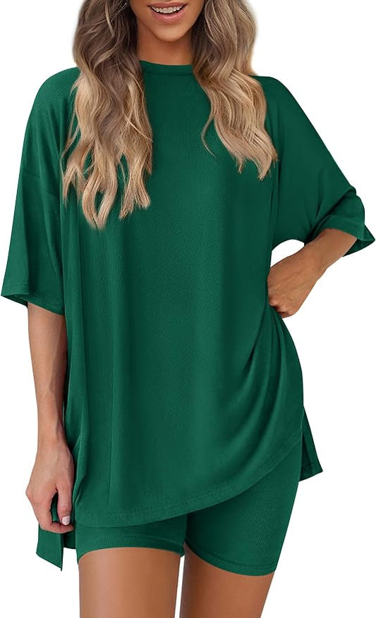 PRETTYGARDEN Women 2 Piece Lounge Set 2026 Summer Casual Oversized Shirts Biker Shorts Matching Airport Travel Outfit Clothes by PRETTYGARDEN