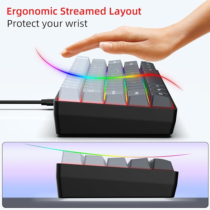 Snpurdiri 60% Wired Gaming Keyboard, 61 Keys RGB (Grey-Black) | Backlit Ultra-Compact Small Gaming Keyboard, for PC/Mac Gamer, Typist, Travel, Easy to Carry on Business Trip - Image 5
