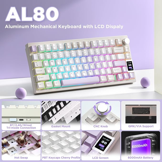 YUNZII AL80 75% Wireless Aluminum Mechanical Keyboard(Beige, Gateron Zero) | QMK/VIA, Smart LCD Display and Knob, Hot Swap, Gasket Structure, BT/2.4G/USB-C, RGB Keyboard for Gaming/Win/Mac - Image 2