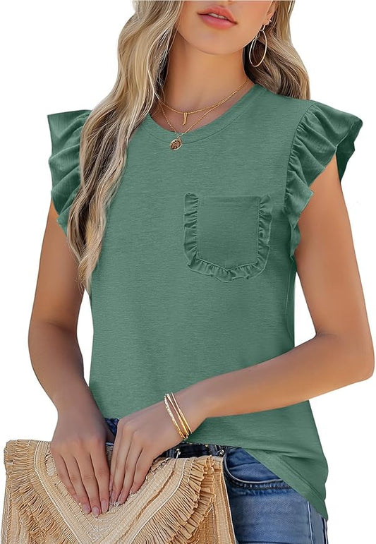 JUSTFASHIONNOW Womens Summer Tops Striped T-Shirts 2026 Ruffle Short Sleeve Crew Neck Casual Blouses with Pocket by Justfashionnow
