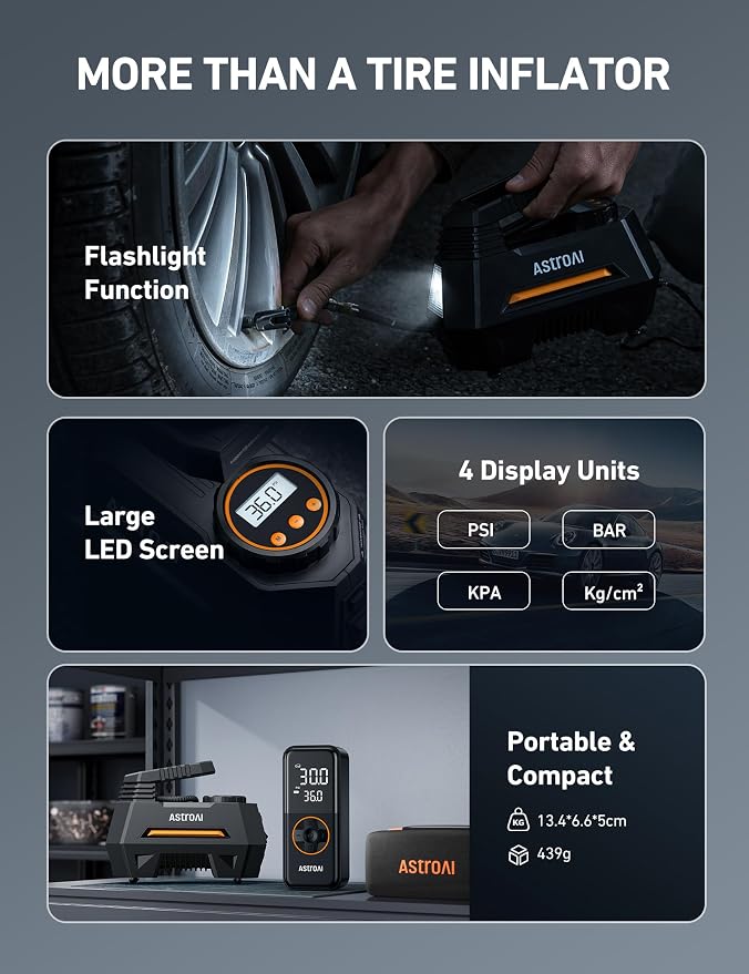 AstroAI AIRUN H Tire Inflator Portable Air Compressor,Fast Inflation Electric Air Pump for Car Tires-Car Accessories,9.8Ft Cord-12VDC-Powered Auto Shut-Off with Digital Pressure Gauge,LED Light,Orange - Image 7