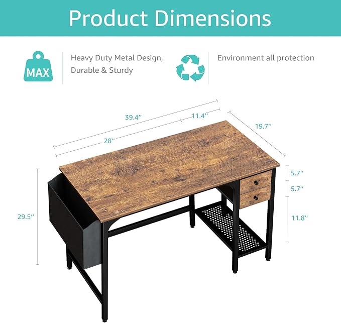 Lufeiya Computer Desk with Drawers - 40 Inch Work Reversible Small Desk for Bedroom Home Office, Simple Study Writing Table PC Desks with Drawer Storage Shelves, Rustic Brown - Image 3