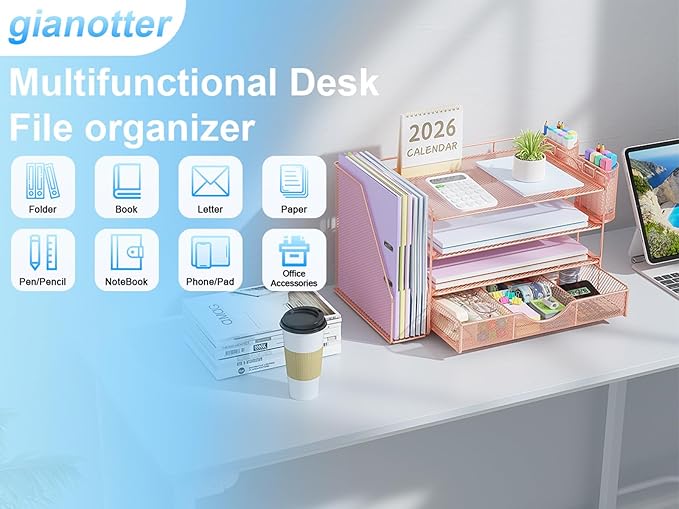 gianotter Desk Organizers and Accessories with File Holder, 4-Tier Desk Accessories & Workspace Organizers with Drawer and 2 Pen Holder, Paper Organizer for Office Supplies (Rose Gold) - Image 4