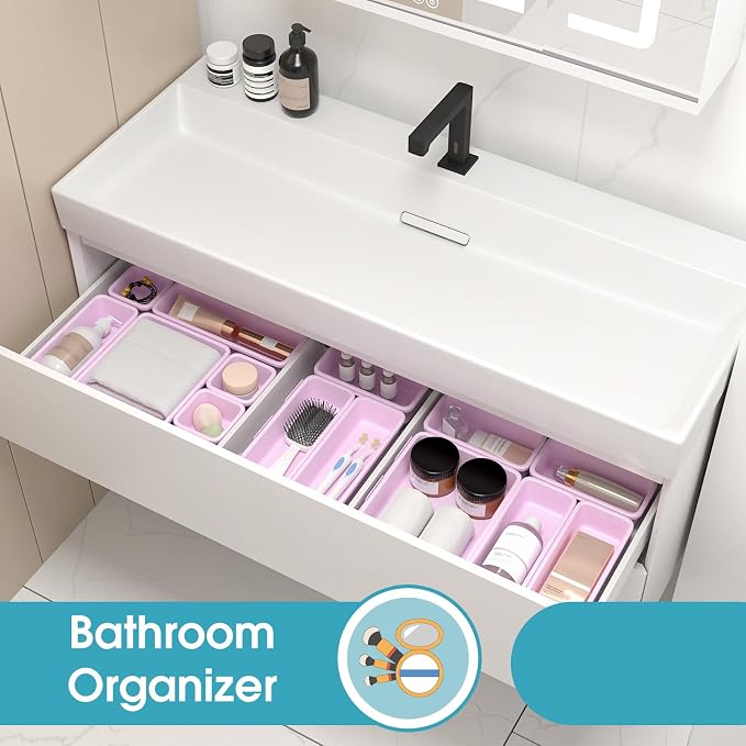 25 PCS Drawer Organizer Set, 4 Size Makeup Drawer Divider Organizer With Non-Slip Pads, Interlocking Plastic Storage Bins for Office,Jewelry Vanity,Gadgets, Bathroom,Kitchen, Purple - Image 7