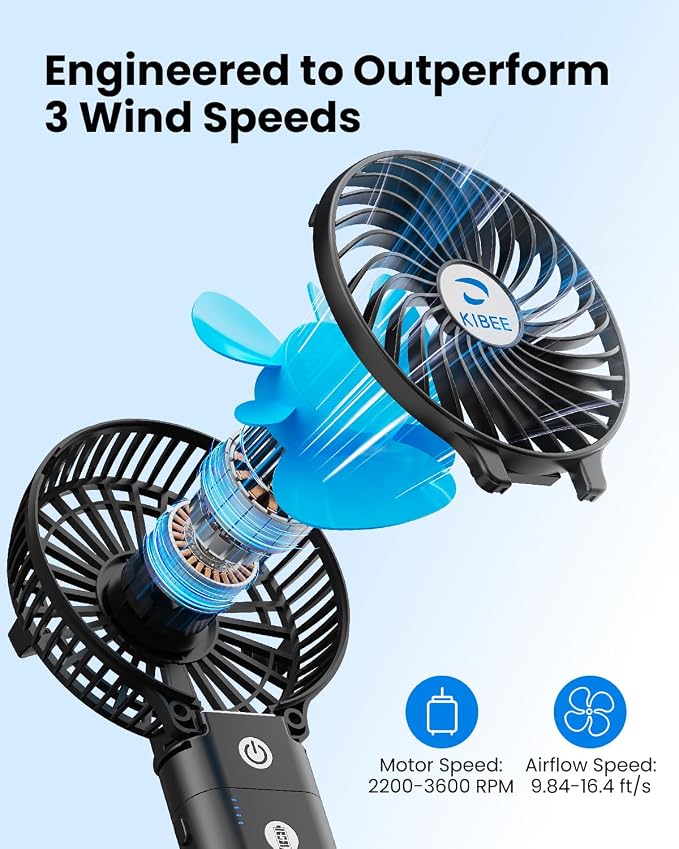 KIBEE Portable Handheld Fan, 5200mAh Rechargeable Fan with Power Bank, Up to 20H Runtime, 180° Foldable Mini Fan, 3-Speed Strong Airflow Personal Fan for Travel, Concert, Cruise, Camping - Image 2