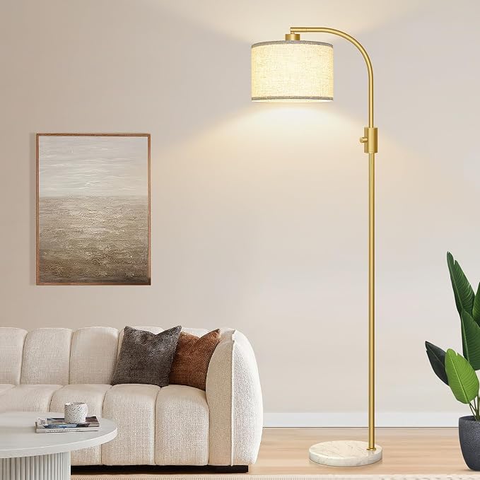 Nintiue Upgraded Modern Arc Dimmable Tall Standing Floor Lamp with Marble Base & Linen Shade, 1200 Lumens LED Bulb Included, for Living & Reading Room, Bedroom, Office & Nursery, Gold - Image 5