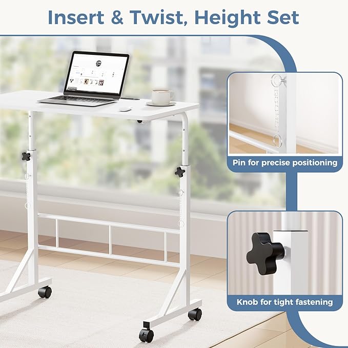 DUMOS 31.5" Walking Pad Desk, Laptop Desk, Home Office | Lockable Wheels, Adjustable Height, Portable Rolling Design, Treadmill Use, Stand Up Style, White - Image 6