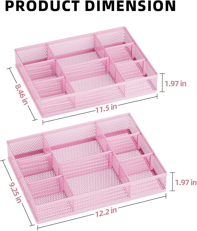 Marbrasse 2 Pack Desk Drawer Organizer, Mesh Drawer Organizer Tray with 8 Adjustable Compartments, Desk Organizers and Accessories, 5 Dividers Drawer for Office Supplies, Makeup & Vanity (Pink) - Image 5
