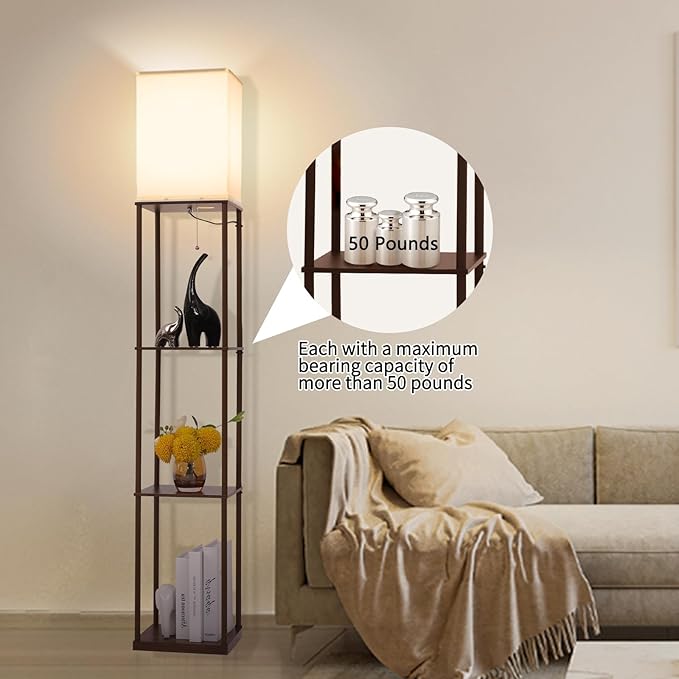 Gupuzm Floor Lamp with Shelves, Modern Square Standing Lamp with 3 Color Temperature Bulb, Corner Display Bookshelf Lamp for Living Room, Bedroom and Office (Brown-9) - Image 3