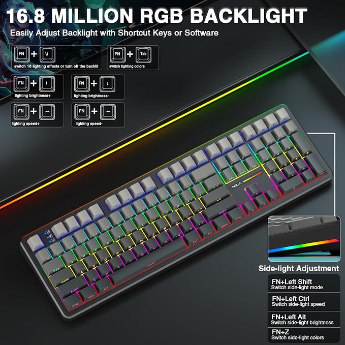 AULA F108 Wireless Mechanical Keyboard, Full Size Gaming Keyboard with Number Pad, Side Printed PBT Keycaps, Pre-lubed Switches, RGB Backlit, Hot Swappable Creamy Sounding Computer Keyboards, 108 keys - Image 4