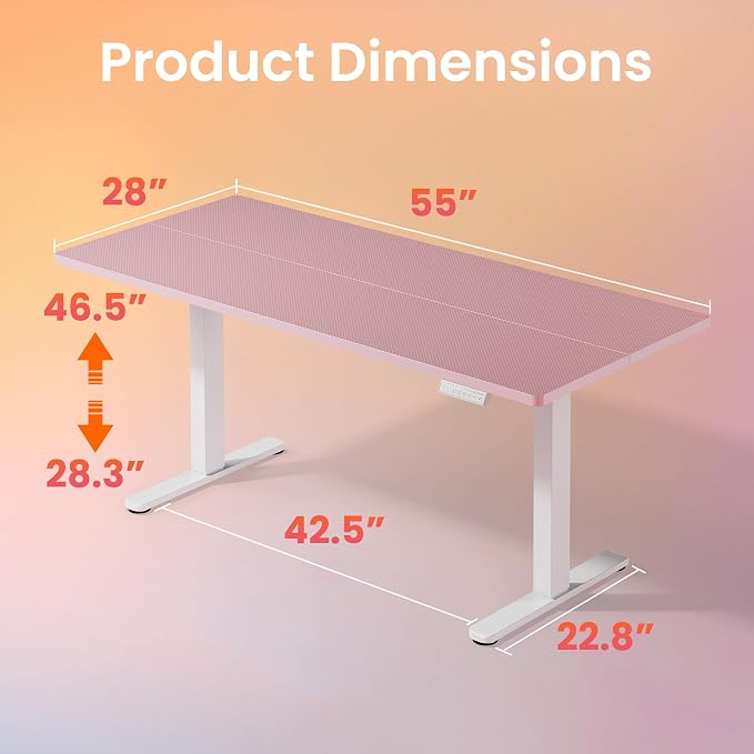 HUANUO Electric Standing Desk, 55" x 28" Height Adjustable Desk, 4 Memory Height Settings, Sit to Stand Up Desk for Home Office, with Headphone Hook, Cable Manager, Pink - Image 3