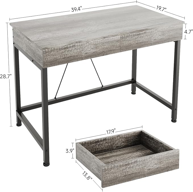 Mexin Small Desk with 2 Wooden Drawers, 40 Inch Home Office Writing Desk, Vanity Desk with Storage, Computer Desk for Bedroom Small Spaces, Table for Office, Work, Kids Study, Makeup, Gray Oak - Image 3