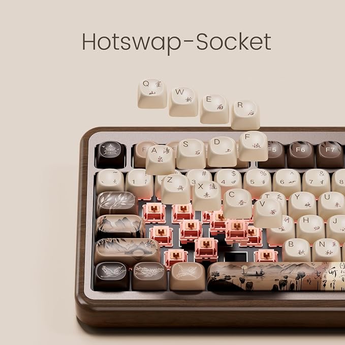 Akko MU02 Mechanical Keyboard with Walnut Wooden Case 75% RGB 2.4G Wireless/Bluetooth/Wired Hot-Swappable Gaming Keyboard with PBT Dye-Sub Keycaps for Mac & Win (Mountain Seclusion, Rosewood Switch) - Image 2