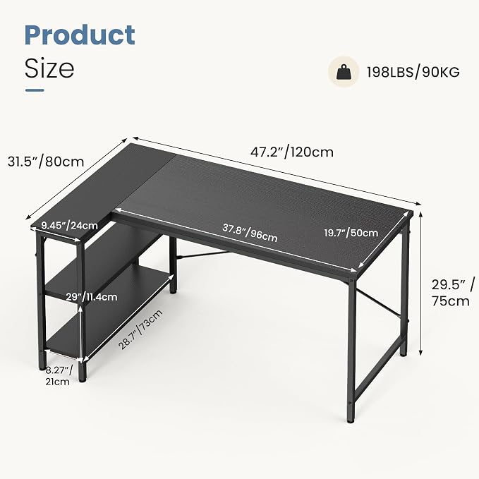 DUMOS 47 Inch L Shaped Desk, Computer Gaming Corner Desks with Shelves | Home Office PC Table, Writing Working Study Desk for Bedroom Dorm, Reversible Design, Black - Image 3