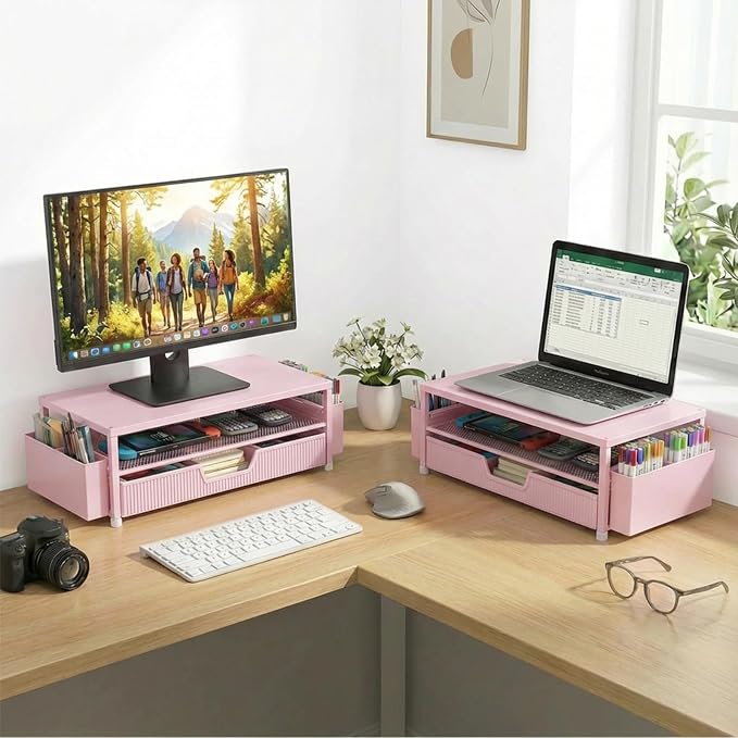 ECOLOVI Desk Organizer and Accessories, 2-Tier Computer Monitor Stand Rise with Storage Drawer & 2 Pen Holders, Laptop & Printer Stand for Desktop, Workspace Organizers for Office Supplies (Pink) - Image 5