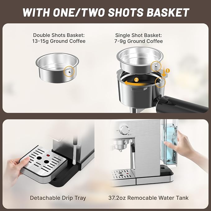 20 Bar Espresso Machine, Semi-Automatic Espresso Machine with Milk Frother, Compact Espresso Coffee Maker For Café-Quality Lattes and Cappuccinos at Home & Office, Silver - Image 6