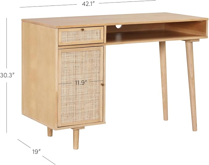 Nathan James Aaron Modern Desk with Storage, Natural Rattan Table with Square Webbing and Gold Accent Knobs, Natural Brown - Image 2