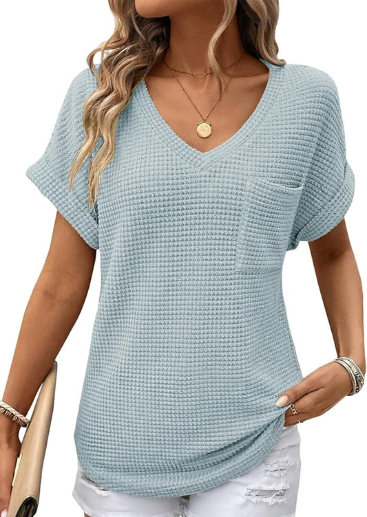 Dokotoo Womens Waffle Knit Tops 2026 Spring Summer V Neck Shirts Casual Trendy Women's Blouses Basic Tee by Dokotoo