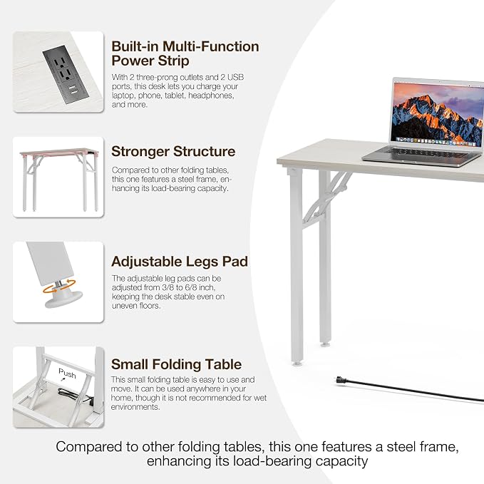 TEMI Small Computer Desk Folding Table - No Assembly, Compact 35.8" Foldable Desk with Power Outlets & USB Charging Port, Portable Small Office Desk, Ideal Mini Study Table for Narrow Spaces,White Ash - Image 7