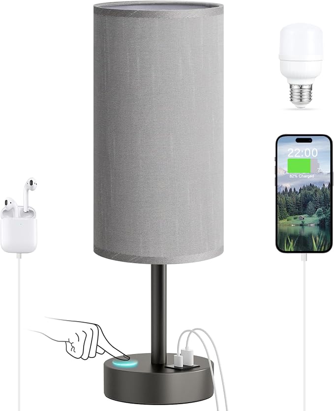 Dicoool Bedside Table Lamp for Bedroom - 3-Way Dimmable Touch Lamp, USB A+C | LED Bulb Included, 14" Small Nightstand Lamp for Desk, Living Room, Guest Room, Grey Fabric Lampshade, Grey Metal Base by DicooolDirect
