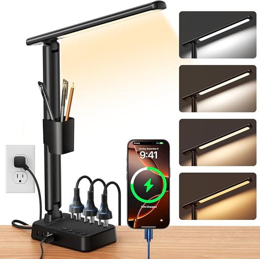 LED Desk Lamp with Power Strip, 3 AC Outlets & 4 USB Ports (2 USB-C), Stepless Dimming & 2800K-6500K Eye-Caring Desk Light, Foldable Table Lamp for Home Office, Dorm Room Essentials(10FT) by Sompaty