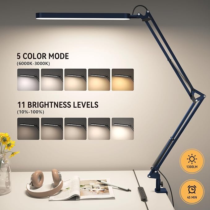 SKYLEO Desk Lamp - LED Desk Light - 5 Color Modes X 11 Brightness Levels - Adjustable Swing Arm - Timmer & Memory Function - 12W Lamp for Desk - Blue - Image 2