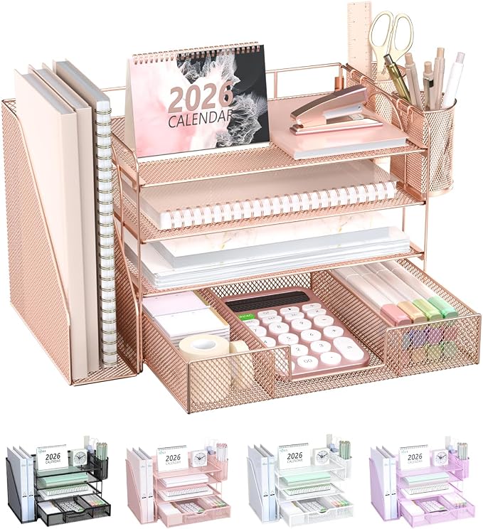 WALI Desk File Organizer, 4 Tier Desktop Paper Letter Tray Organizer with Drawer and 2 Pen Holders, Office Desk Accessories & Workspace Organizers for Office, Home, School Supplies, 1 Pack, Rose Gold by WALI