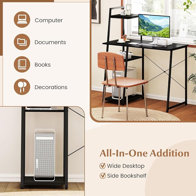 Giantex Computer Desk with Shelves, 47.5” Home Office Desk with Bookshelf, Host Stand, Metal Frame, PC Laptop Workstation, Modern Study Writing Desk for Bedroom, Small Space (Black) - Image 4