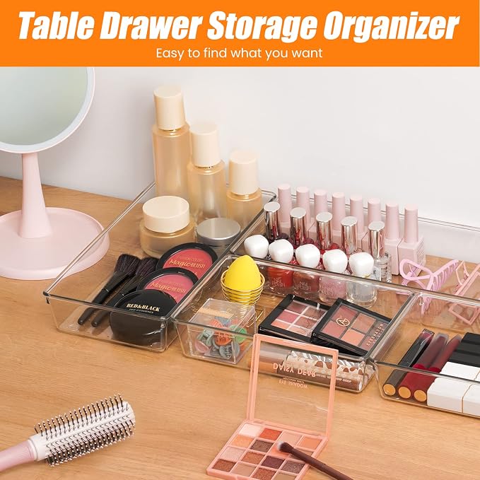 Criusia 6 Pcs Large Size Clear Drawer Organizer Set, Acrylic Non Slip Non Cracking Kitchen Drawer Storage Tray Divider, Multifunctional Storage for Cosmetics, Bathroom, Tools, Kitchen and Office - Image 7