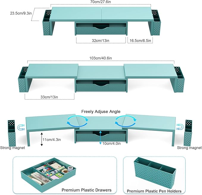 Spacrea Metal Desk Organizers and Accessories, Dual Monitor Stand Riser with Drawer and 2 Pen Holders, Desk Accessories & Workspace Desktop Organizers for Office Supplies (Blue) - Image 5