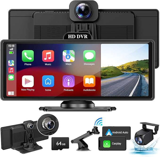 10.26" Wireless Apple Carplay Screen for Car with 4K Dash Cam | Apple Carplay & Android Auto, Touchscren with 1080p Backup Camera, Mirror Link/Voice Control/Music Play/GPS Navigation by MoreConvenientandProfession
