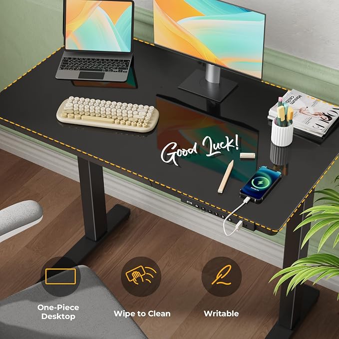 35" Electric Standing Desk with Drawer, One-Piece Glass Top | Quick Install One-Piece Tabletop with USB Charging Ports, Sit Stand Computer Desk with Wheels for Small Space, Black - Image 8
