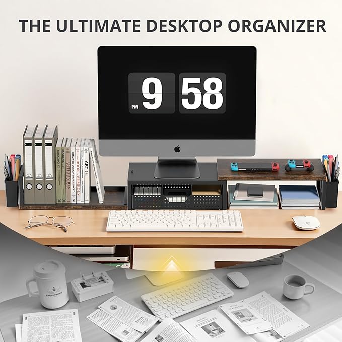 OPNICE Desk Organizers and Accessories, Dual Monitor Stand Riser with Drawer and 2 Pen Holders, Desk Shelf Wood Computer Racks for Office Workspace Organizers, Desktop Organization (Rustic Brown) - Image 5