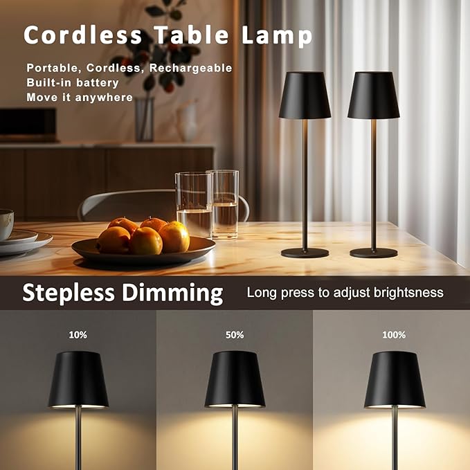 Kakanuo Cordless Table Lamp, 3 Color Stepless Dimming, 5000mAh Rechargeable Battery Powered, Outdoor LED Lamps, for Dining Room, Living Room, Bedroom, Bar, Cafe, Restaurant, Patio, Camping - Black - Image 3