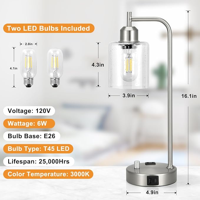 Industrial Table Lamps for Bedrooms Set of 2 - Fully Dimmable Bedside Lamps with USB A and C Ports and Outlet, Nickel Nightstand Lamps with Glass Shade for Living Room, Desk Lamps for Office Reading - Image 5