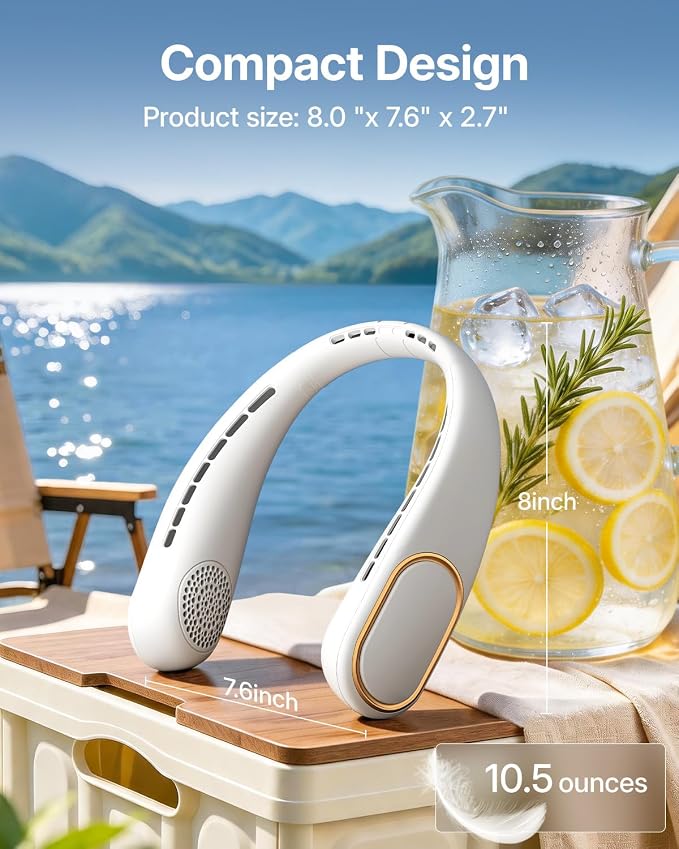 SHEWIND Portable Neck Fan - 5000mAh Rechargeable Hands-Free Wearable Fan | 4 Speeds, Bladeless & LED Display | Personal Cooling Fan for Travel, Outdoors, Camping - White - Image 5