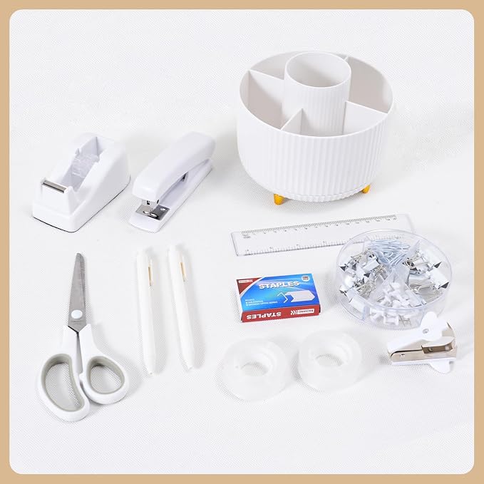 Gawsey White Desk Organizers and Accessories with Desk Organizer 360° Rotating Pen Holder and Office Supplies, Cute Stationery Supplies Set - Image 3