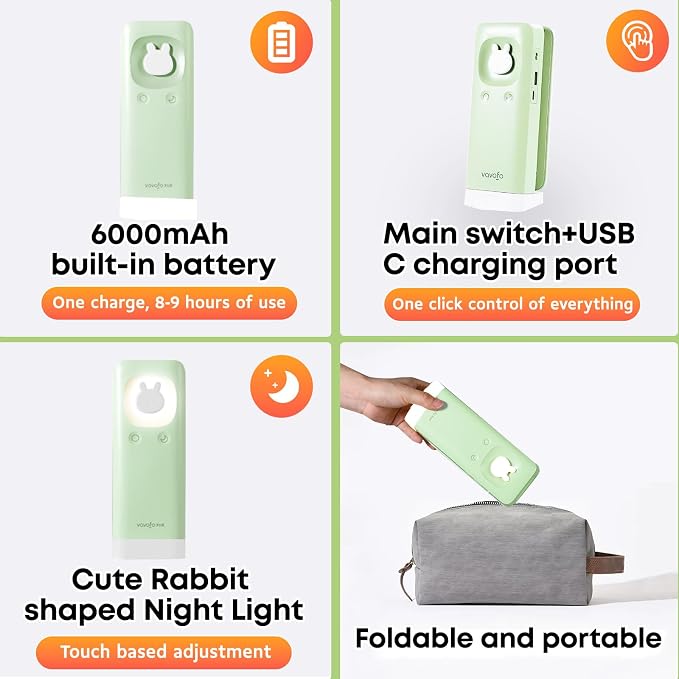VAVOFO Cute Bunny Desk Lamp, Foldable LED Rechargeable Eye-Caring Reading Light, 3 Color Modes Dimmable Night Light for Kids Girls Bedroom Study Dorm Room (Mint Green) - Image 6