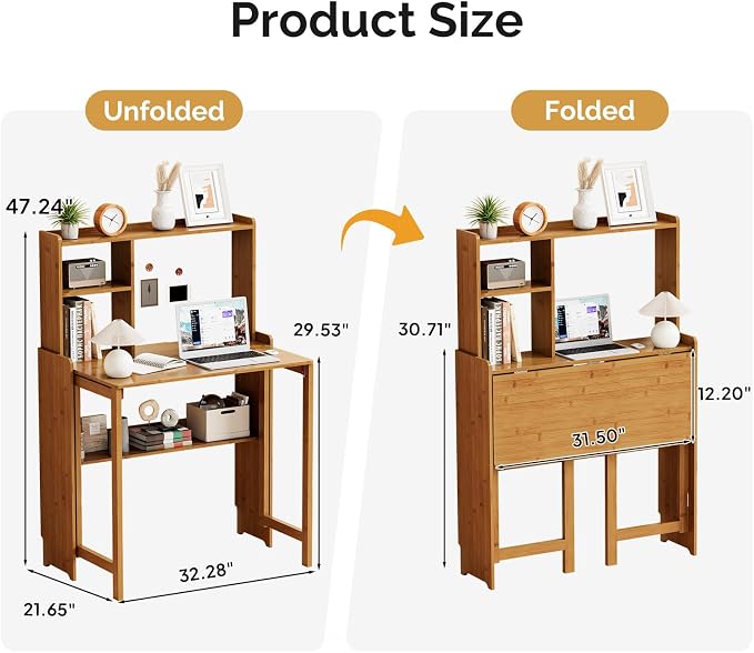 Folding Desk with Bookshelf, Compact Foldable Desk for Small Spaces,Brown | Bamboo Computer Desk with Storage Shelf, Space-Saving Home Office Desk with Hutch for Bedroom, Dorm, Apartment - Image 6