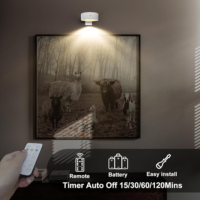 3-Pack Battery Operated Picture Lights Magnetic Painting Light with 3 Lighting Modes,Remote and Timer Art Display Light for Picture Artworking Frame Portrait,Dimmable Wireless Wall Puck Lights-White - Image 4
