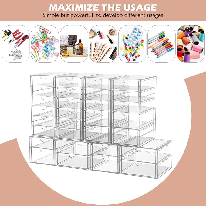 caktraie 6-Pack 30-Drawer Acrylic Storage & Makeup Organizer for Desk | Smooth-glide drawers, clear body, dustproof, for office supplies, pens, stationery, jewelry, cosmetics, craft bits - Image 6
